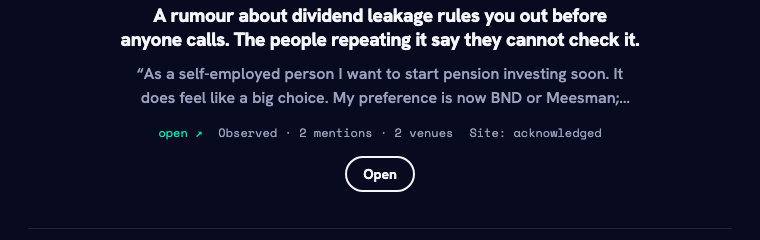 The Moment as it appears in the sample report: a rumour about dividend leakage rules you out before anyone calls; observed, 2 mentions, 2 venues, site: acknowledged.